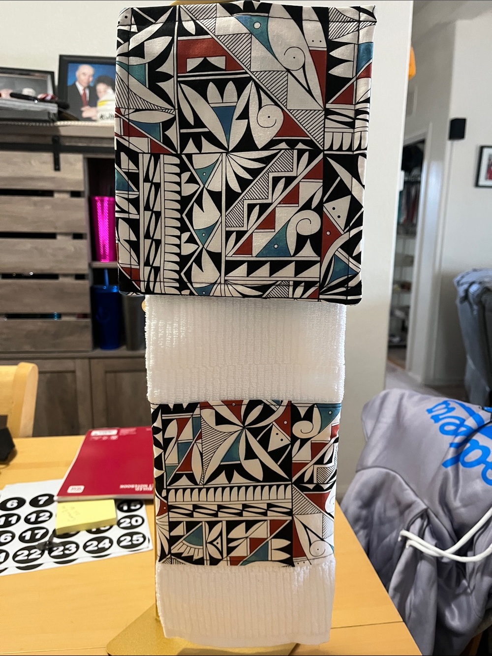 Geometric Print Dish Towel and Pot Holder Black, White, Teal & Rust